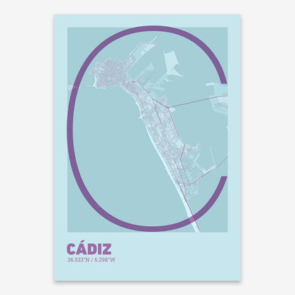 The map of Cadiz composed with letters in extra light font printed on purple and light blue
