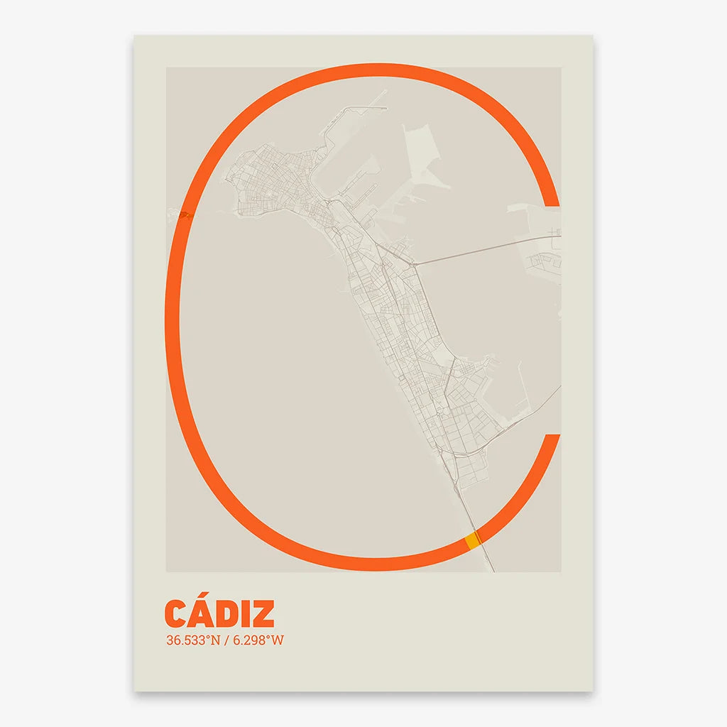 Poster of Cadiz composed with letters in extra light font printed on orange and an off-white background