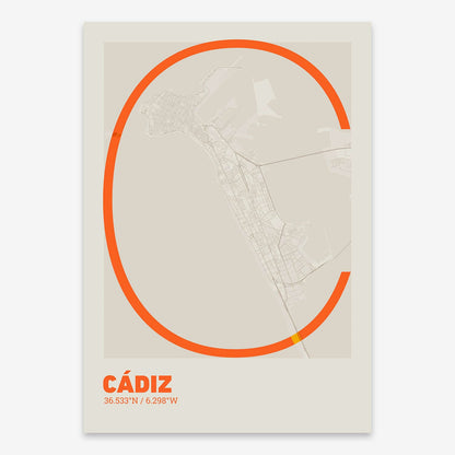 The map of Cadiz composed with letters in extra light font printed on orange and an off-white background