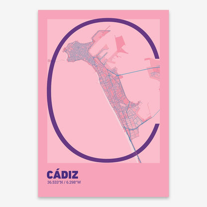 The map of Cadiz composed with letters in extra light font printed on violet y pink background
