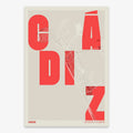 Decorative print of Cadiz with letters of its name placed randomly, designed in red and an off-white background