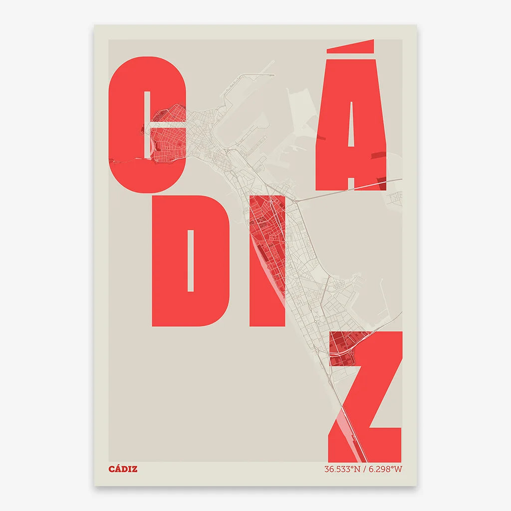 Decorative print of Cadiz with letters of its name placed randomly, designed in red and an off-white background