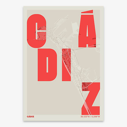 Decorative print of Cadiz with letters of its name placed randomly, designed in red and an off-white background