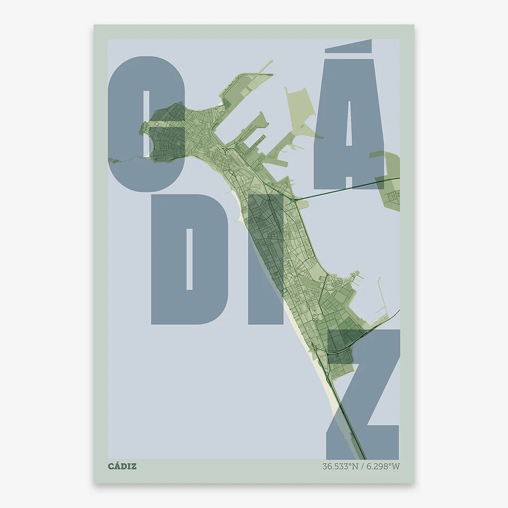 Decorative print of Cadiz with letters of its name placed randomly, designed in two green tones