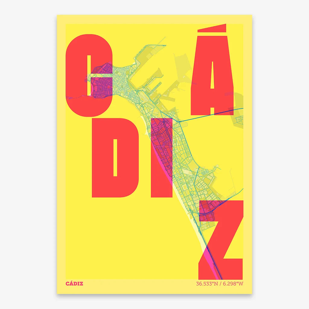 Decorative print of Cadiz with letters of its name placed randomly, designed in yellow and fuchsia