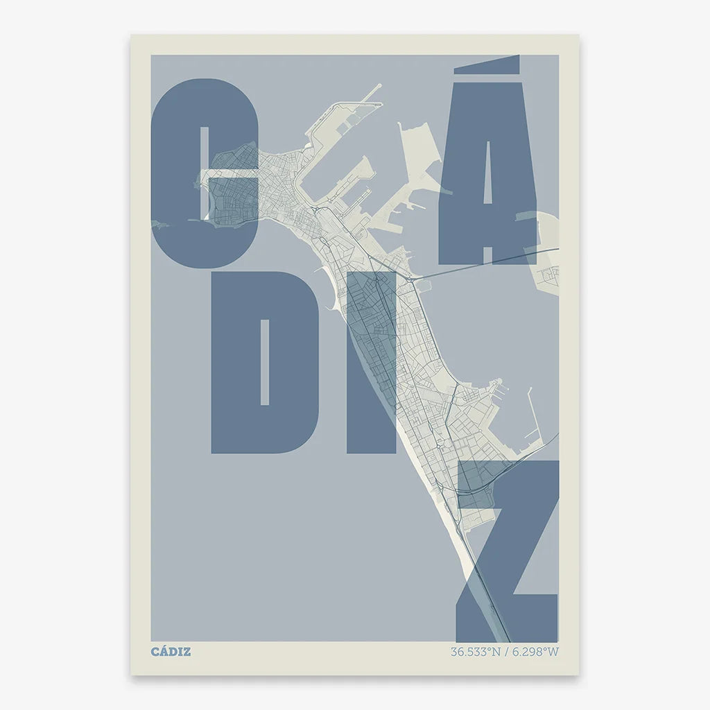 Decorative print of Cadiz with letters of its name placed randomly, designed in bluish gray and an off-white background
