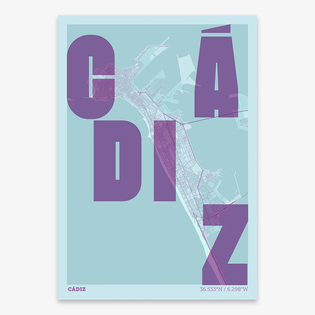 Decorative print of Cadiz with letters of its name placed randomly, designed in purple and light blue