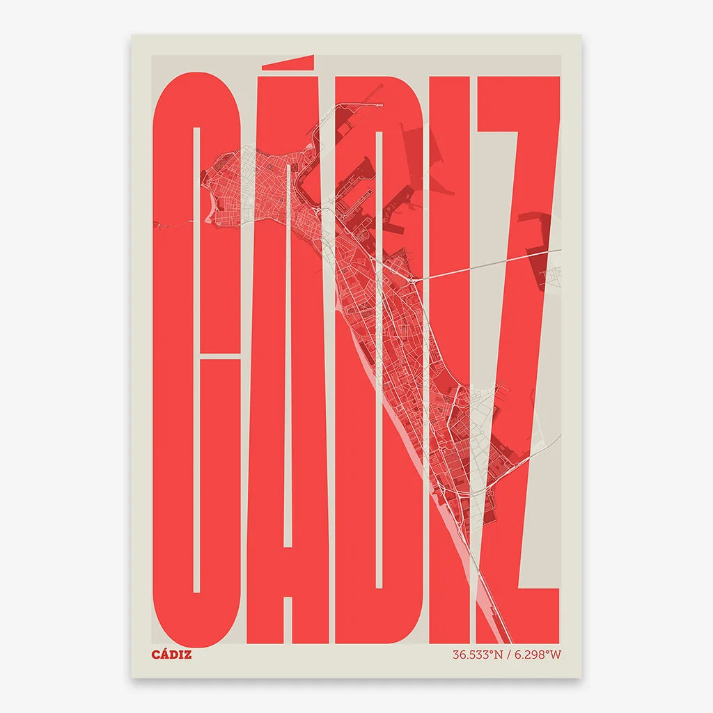 Decorative map of Cadiz and letters of its name in a giclée print designed in red and an off-white background