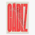 Decorative map of Cadiz and letters of its name in a giclée print designed in red and an off-white background