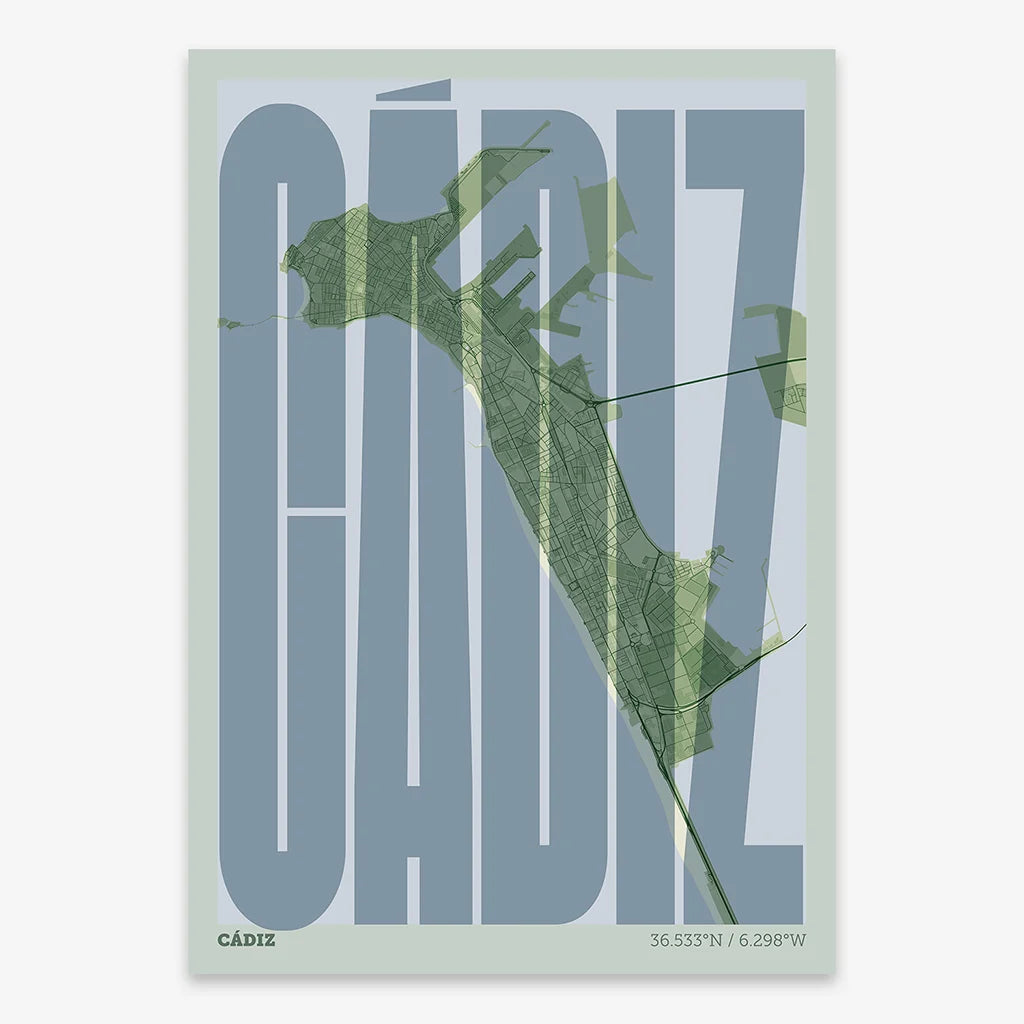 Decorative map of Cadiz and letters of its name in a giclée print designed in two green tones