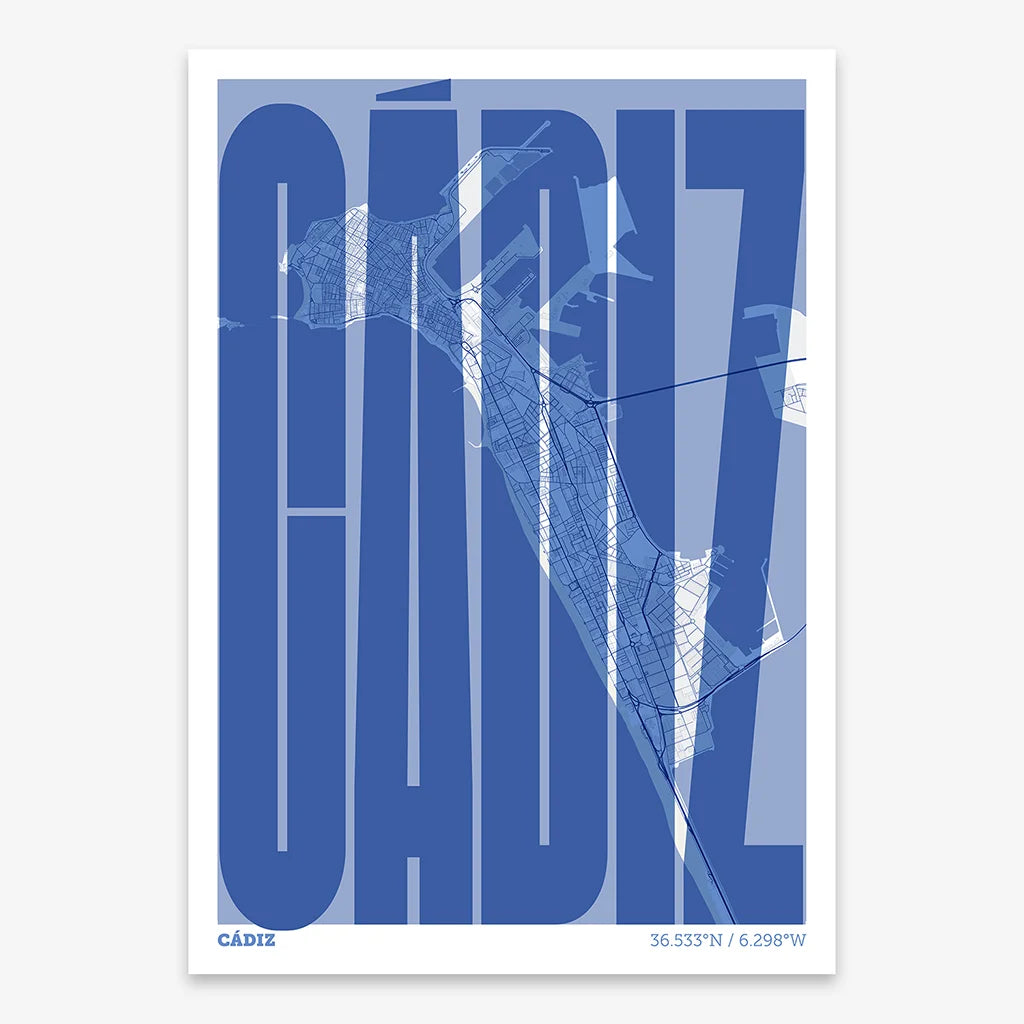 Decorative map of Cadiz and letters of its name in a giclée print designed in navy blue and white