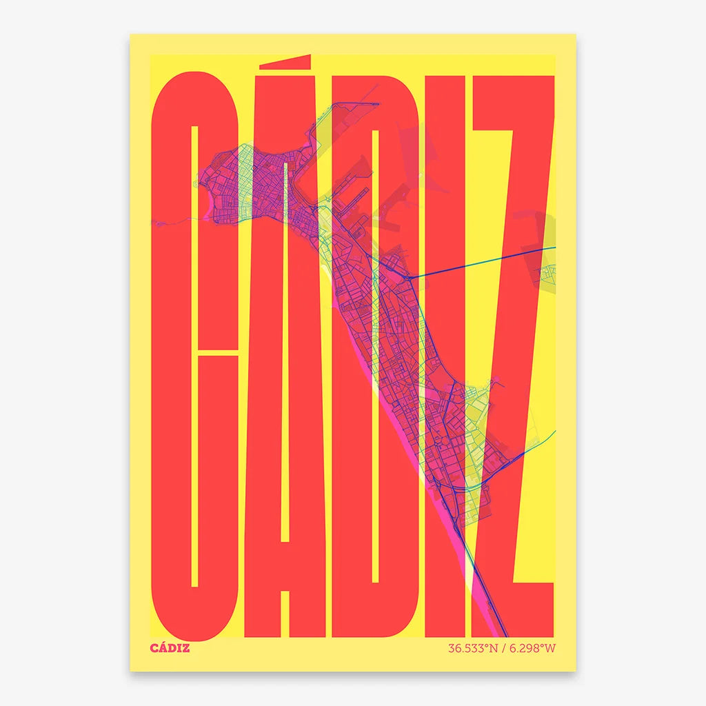 Decorative map of Cadiz and letters of its name in a giclée print designed in yellow and fuchsia