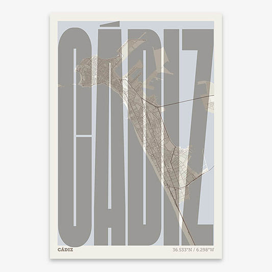 Decorative map of Cadiz and letters of its name in a giclée print designed in light brown and an off-white background