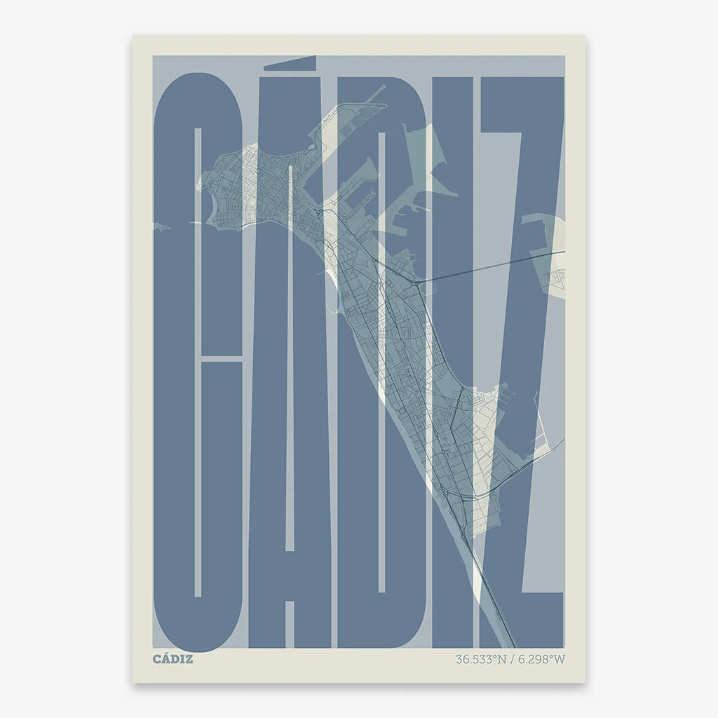 Decorative map of Cadiz and letters of its name in a giclée print designed in bluish gray and an off-white background