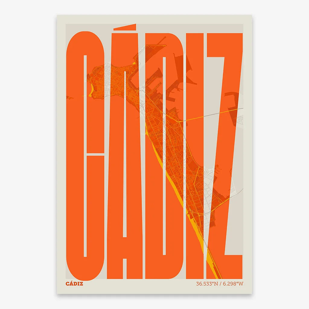 Decorative map of Cadiz and letters of its name in a giclée print designed in orange and an off-white background