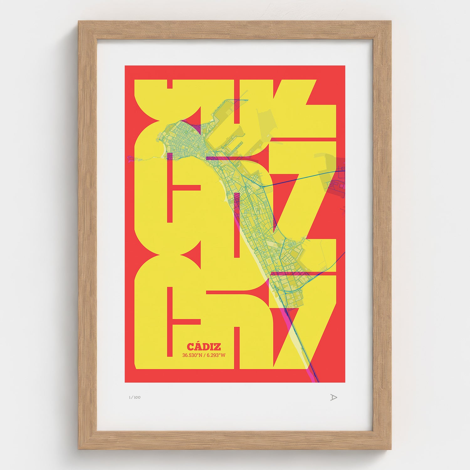 Lámina tipográfica de Cadiz – diseño Inseparable, marco de madera natural