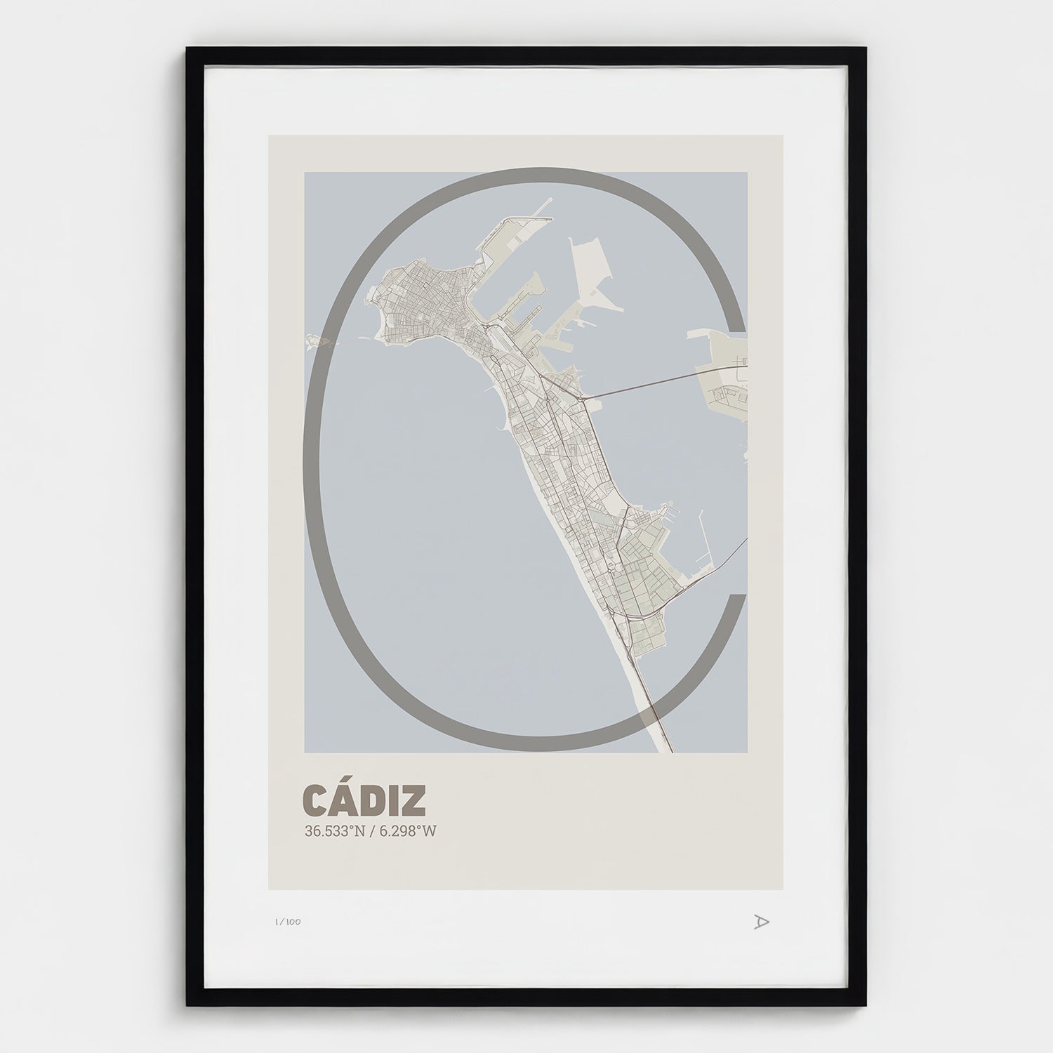 Lámina tipográfica de Cadiz – diseño Ultrafina, marco negro