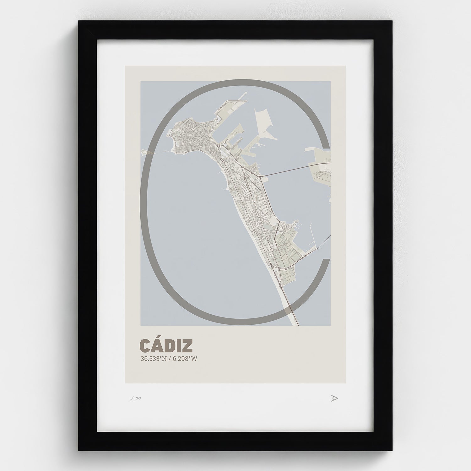 Lámina tipográfica de Cadiz – diseño Ultrafina, marco negro