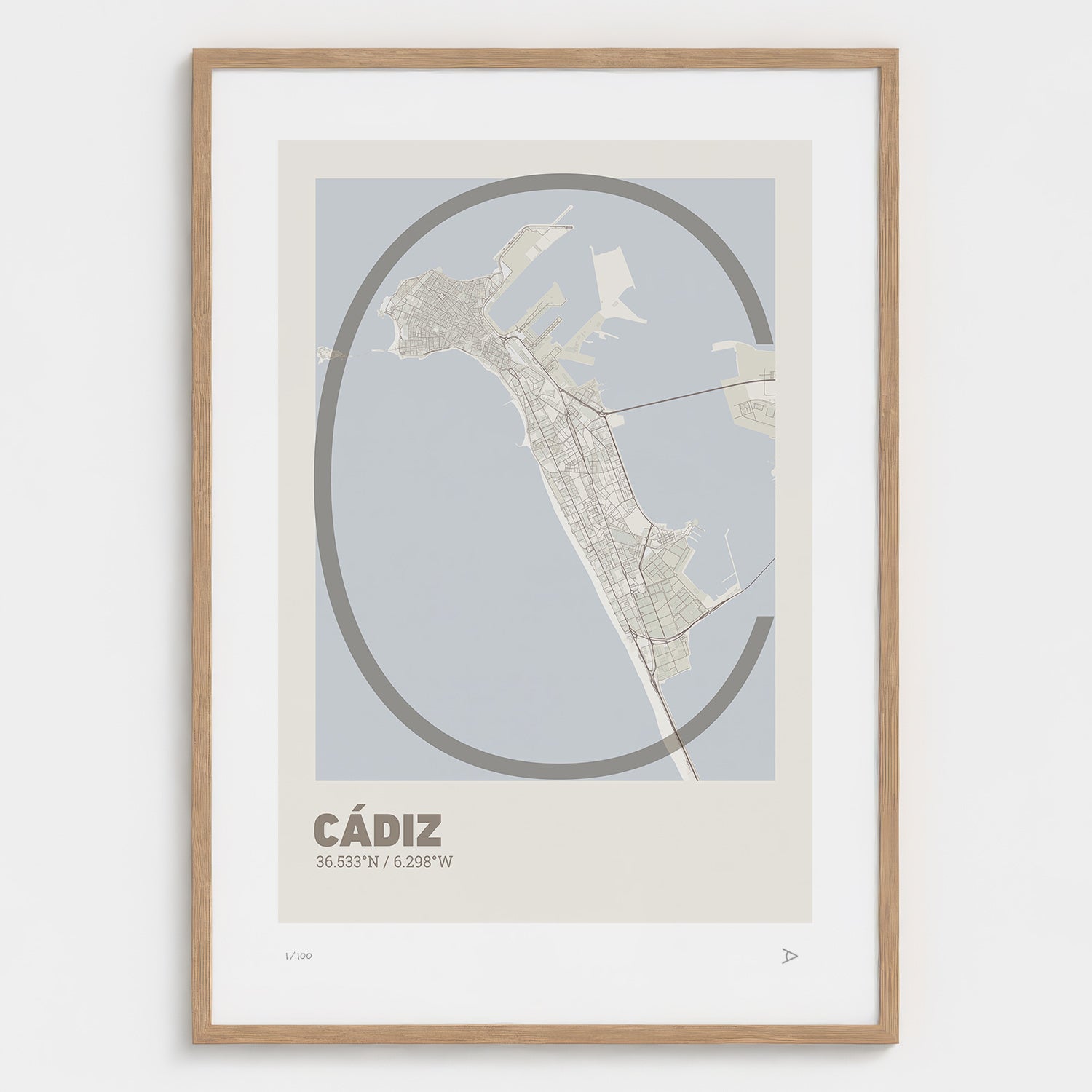 Lámina tipográfica de Cadiz – diseño Ultrafina, marco de madera natural