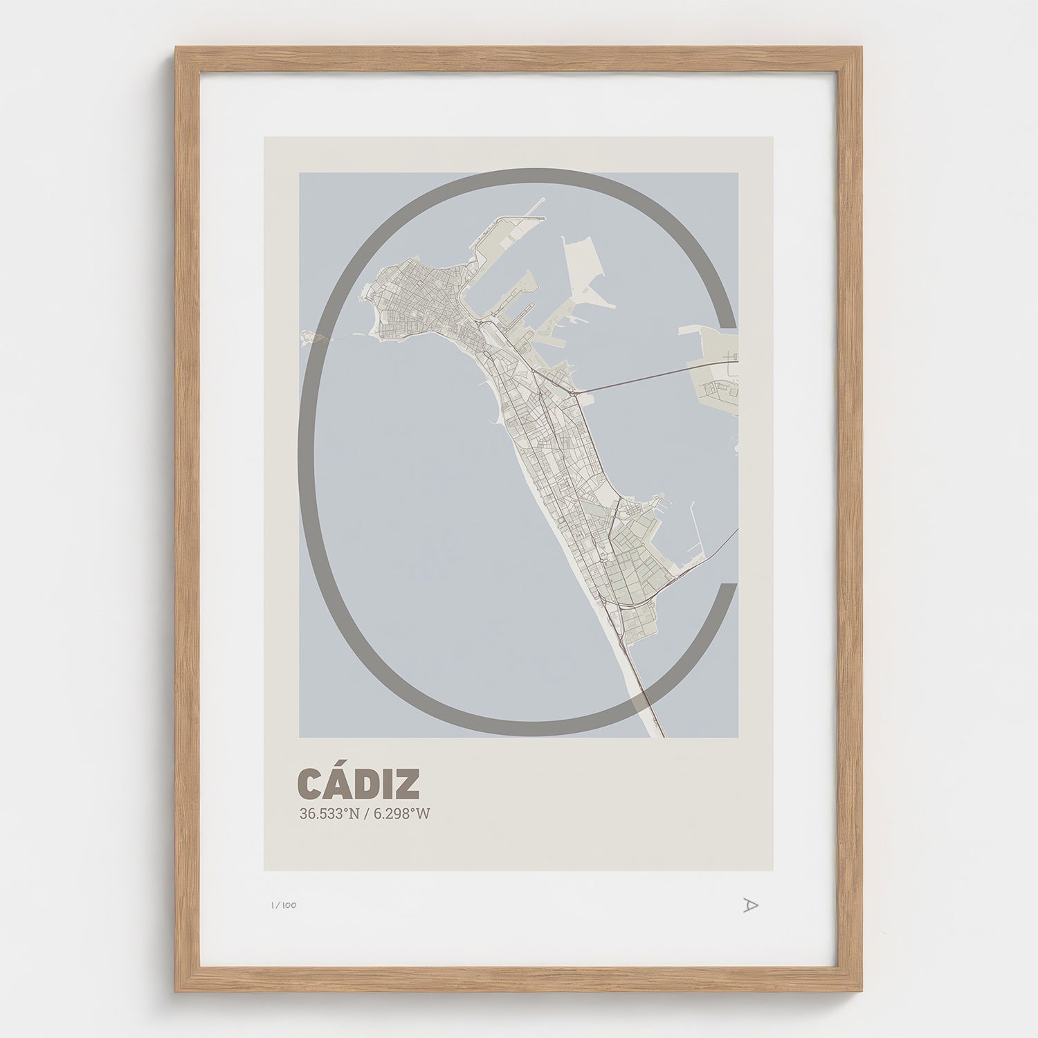 Lámina tipográfica de Cadiz – diseño Ultrafina, marco de madera natural