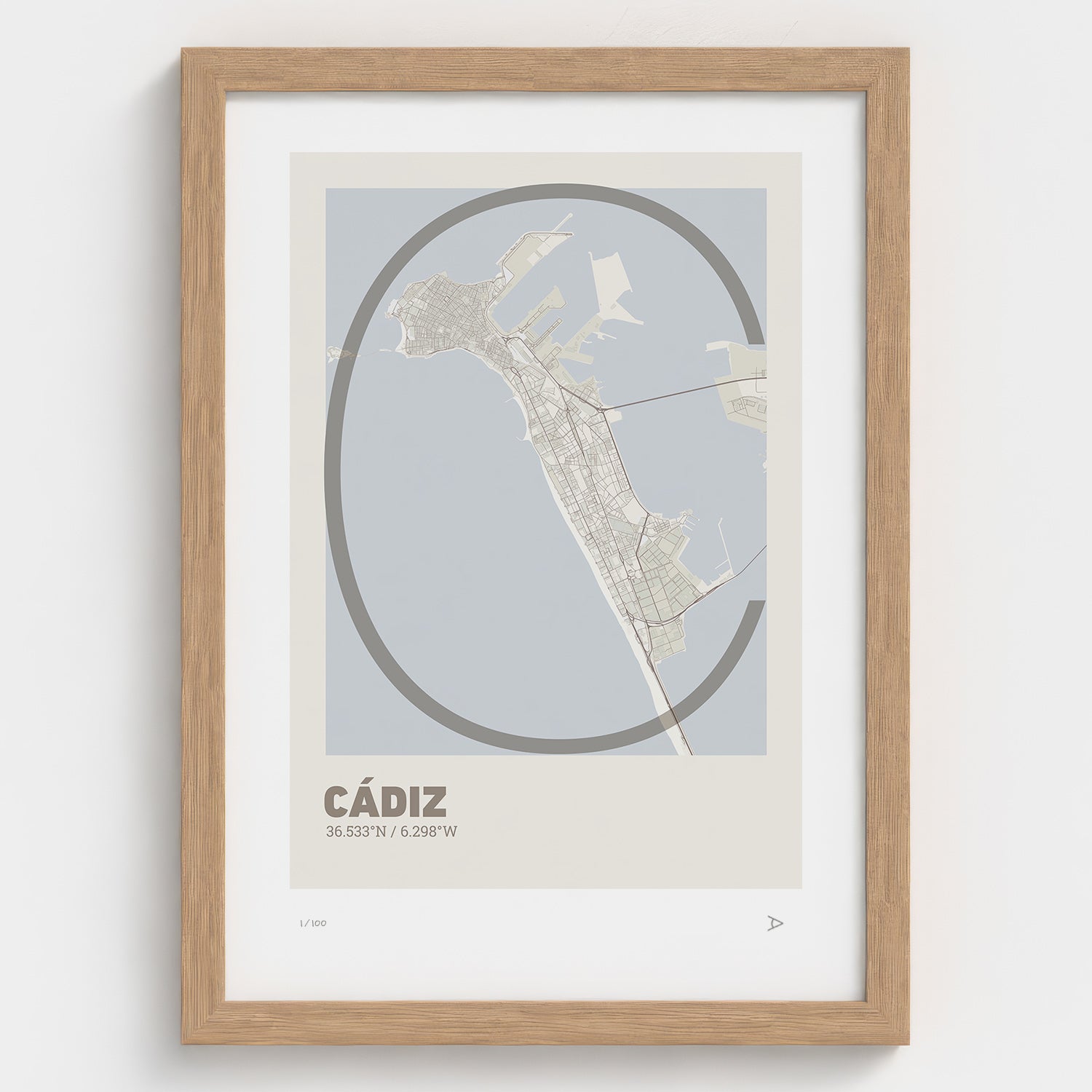 Lámina tipográfica de Cadiz – diseño Ultrafina, marco de madera natural
