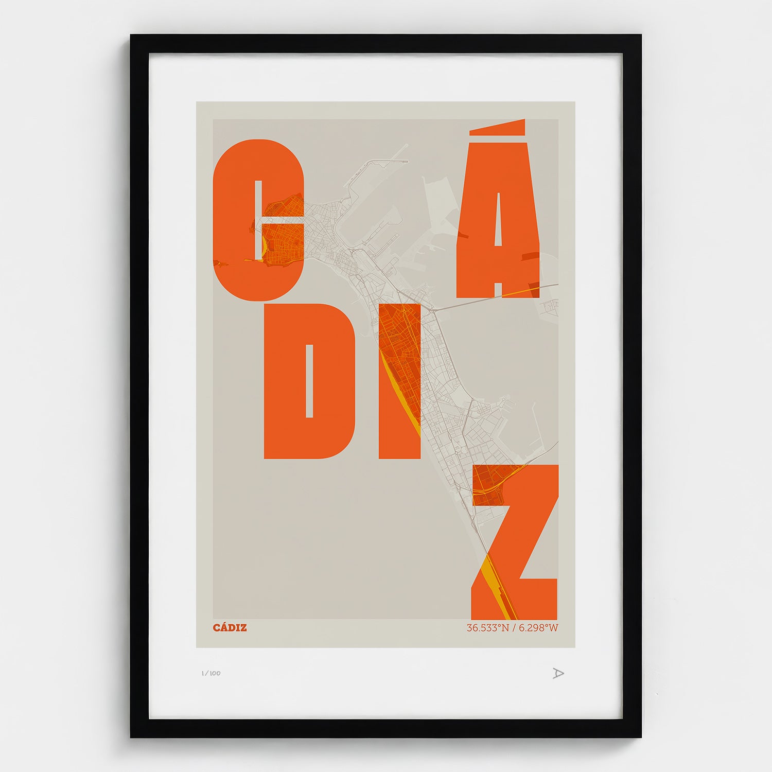 Lámina tipográfica de Cadiz – diseño Revoltosa, marco negro