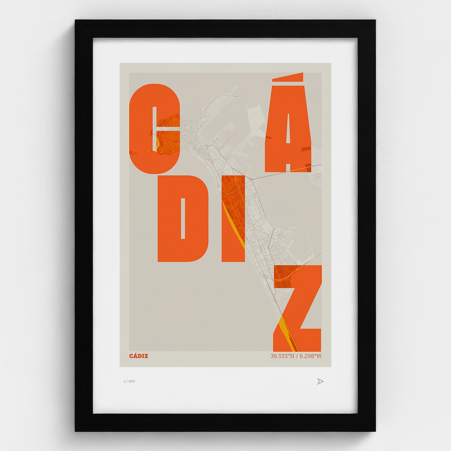 Lámina tipográfica de Cadiz – diseño Revoltosa, marco negro