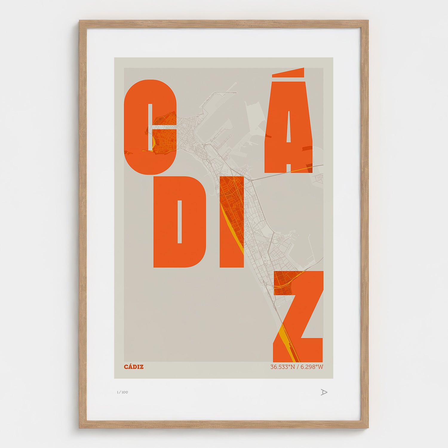 Lámina tipográfica de Cadiz – diseño Revoltosa, marco de madera natural