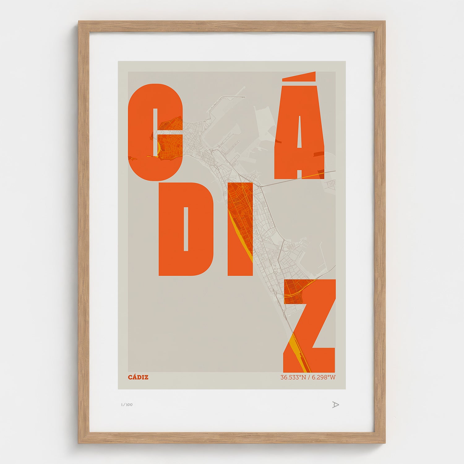 Lámina tipográfica de Cadiz – diseño Revoltosa, marco de madera natural
