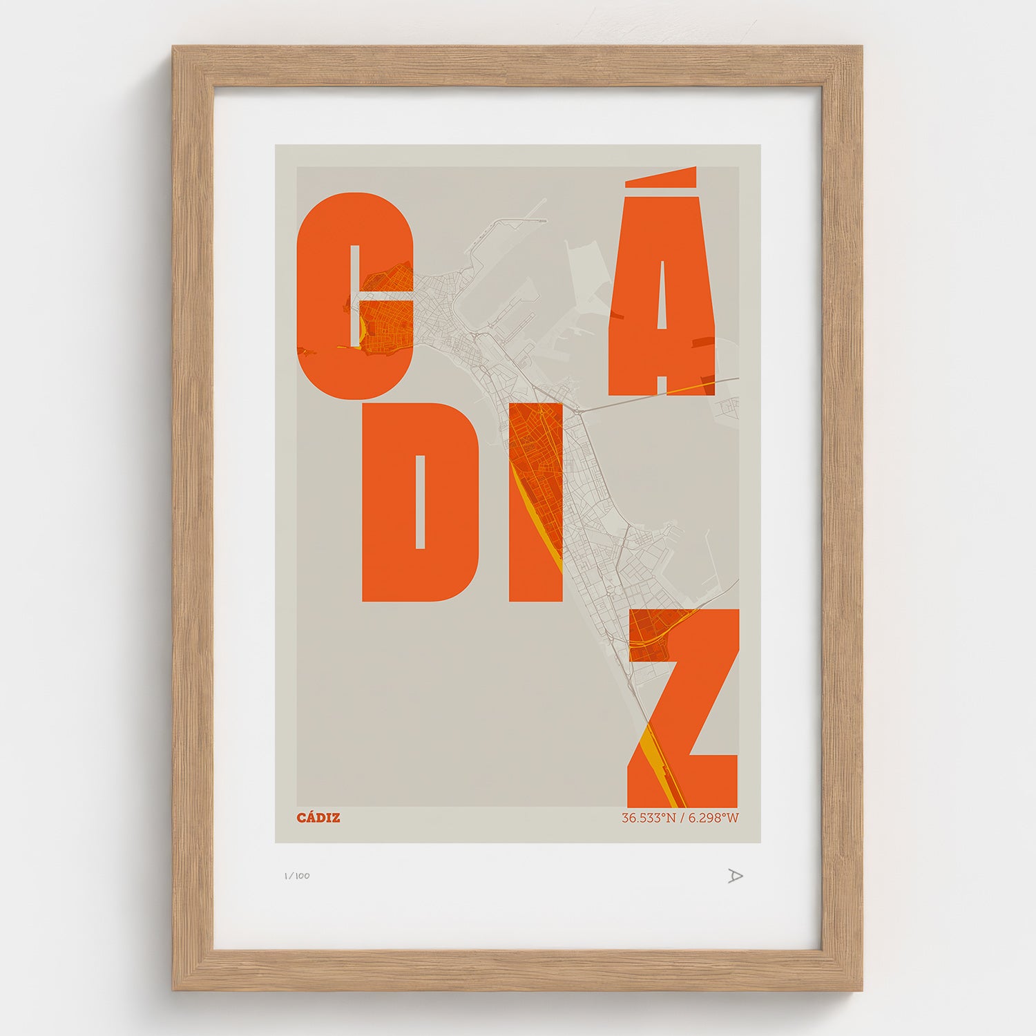 Lámina tipográfica de Cadiz – diseño Revoltosa, marco de madera natural