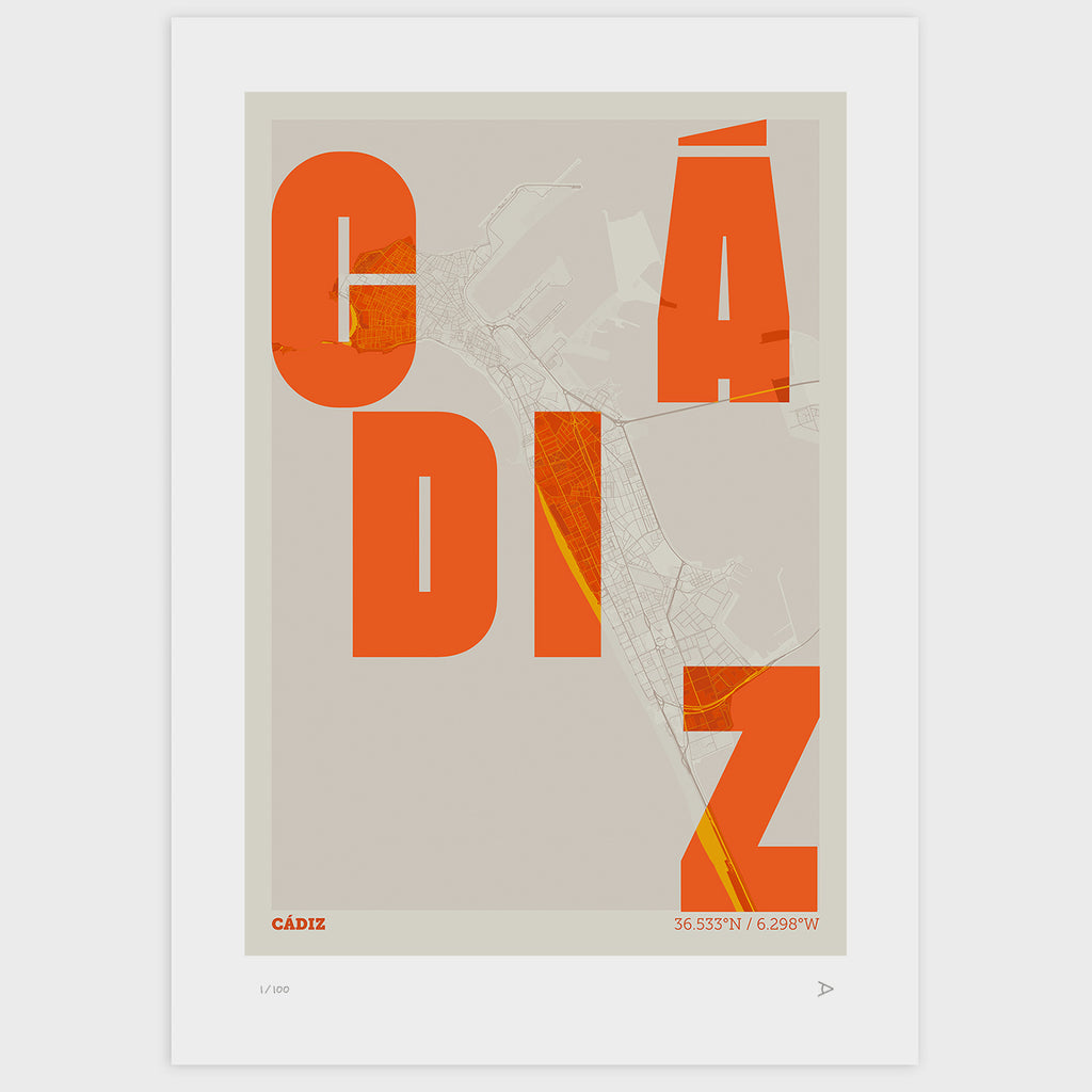 Lámina tipográfica de Cadiz – diseño Revoltosa, sin marco sobre papel