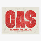 Decorative print of  composed with letters in a heavy geometric font printed on red and an off-white background