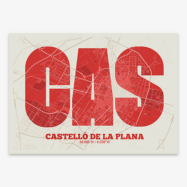 Decorative print of  composed with letters in a heavy geometric font printed on red and an off-white background