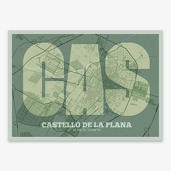 Decorative print of  composed with letters in a heavy geometric font printed on two green tones