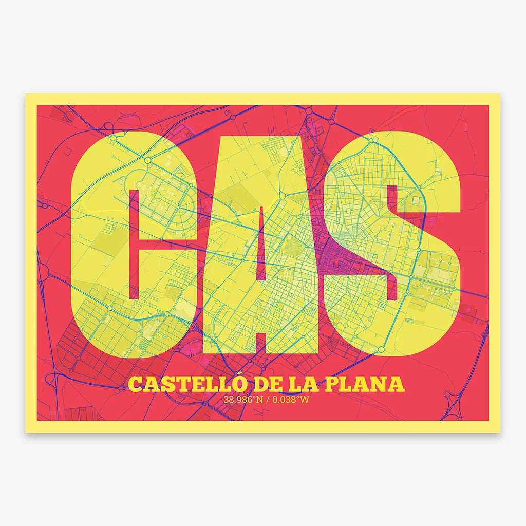 Decorative print of  composed with letters in a heavy geometric font printed on yellow and fuchsia