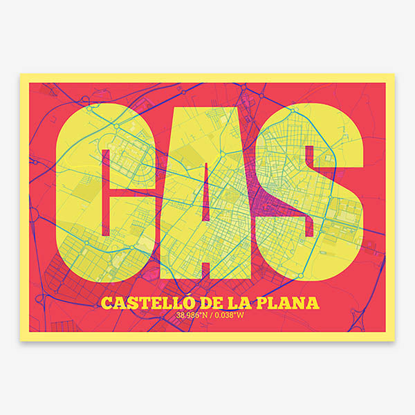 Decorative print of  composed with letters in a heavy geometric font printed on yellow and fuchsia