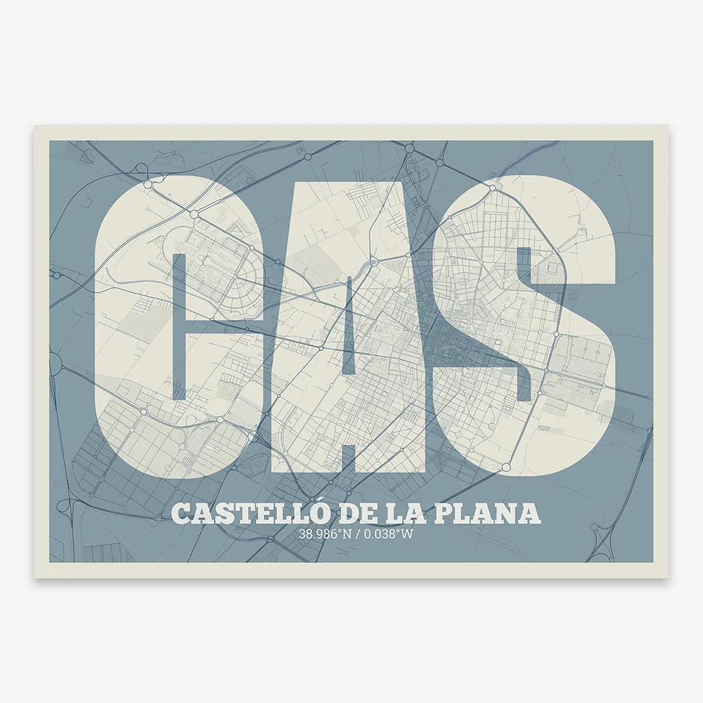 Decorative print of  composed with letters in a heavy geometric font printed on bluish gray and an off-white background