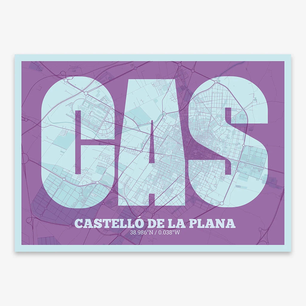 Decorative print of  composed with letters in a heavy geometric font printed on purple and light blue