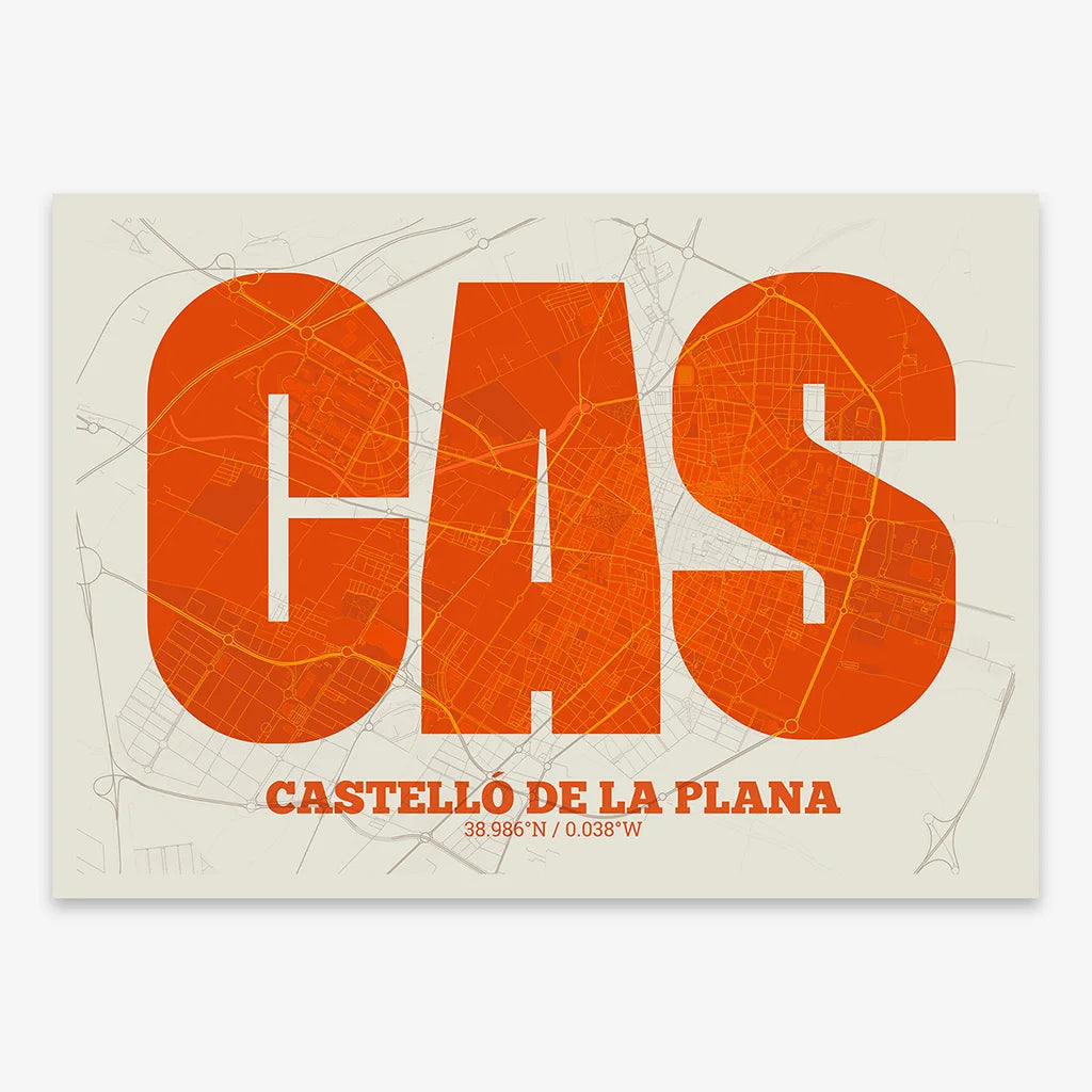 Decorative print of  composed with letters in a heavy geometric font printed on orange and an off-white background
