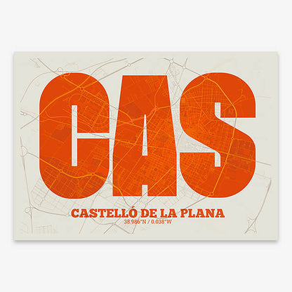 Decorative print of  composed with letters in a heavy geometric font printed on orange and an off-white background