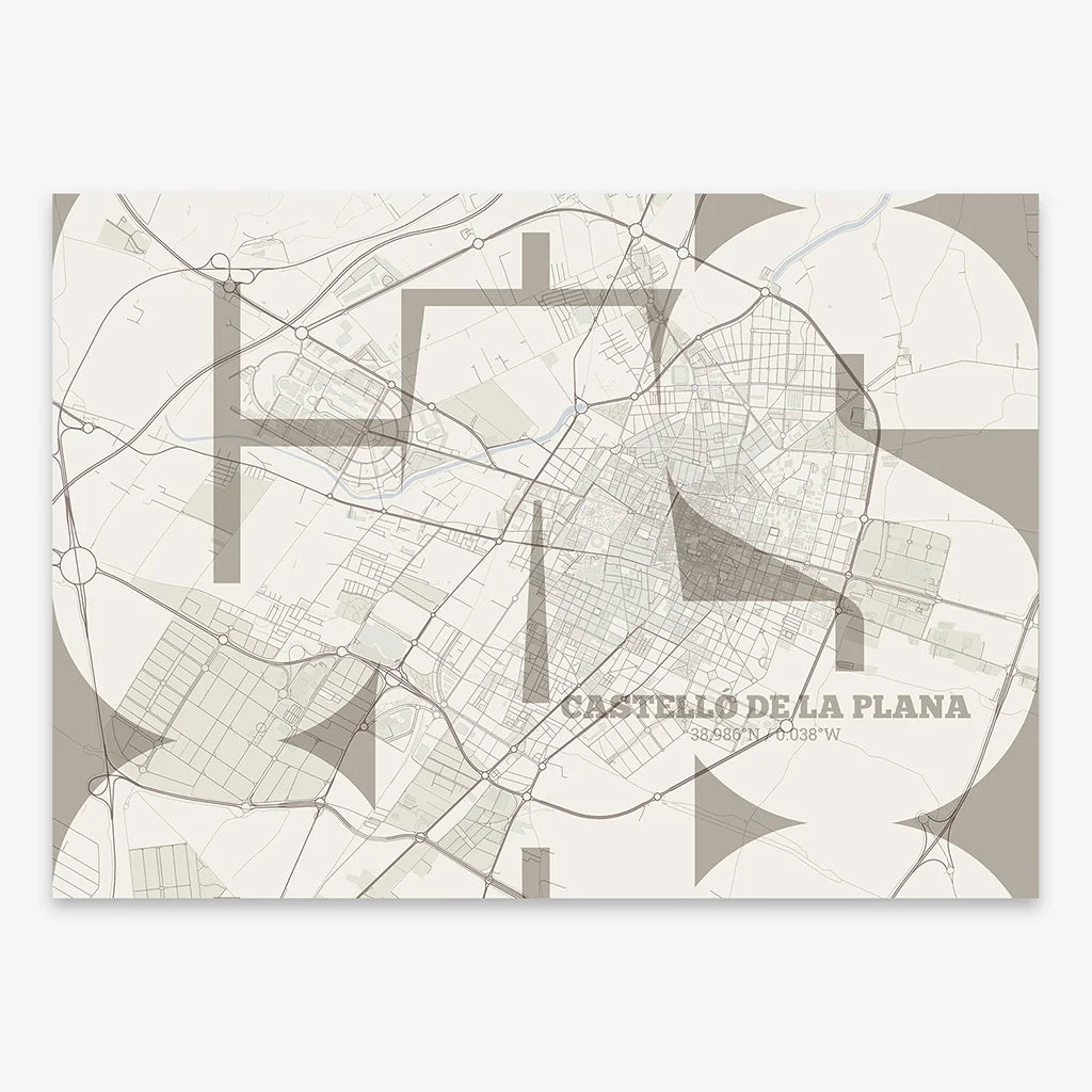 Poster of  composed with letters from its abbreviation or its airport IATA code printed on light brown and an off-white background