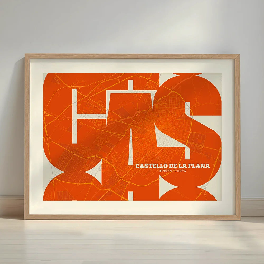 Framed Castellon in Inseparable design, featuring the city's abbreviation in expressive typography over a detailed urban map designed in orange and an off-white background with a white margin border in a warm lit minimalist setting