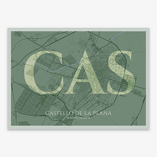 Decorative map of  composed with letters in serif font printed on two green tones