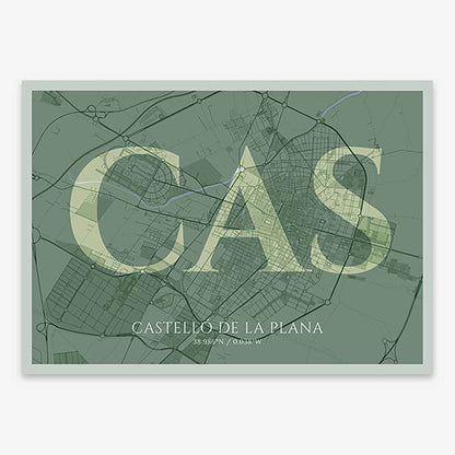Decorative map of  composed with letters in serif font printed on two green tones