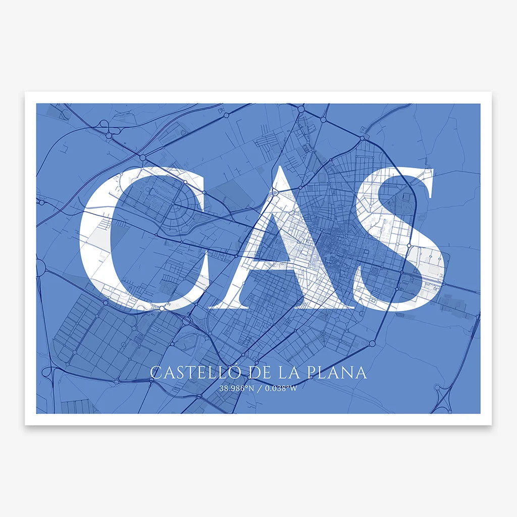 Decorative map of  composed with letters in serif font printed on navy blue and white