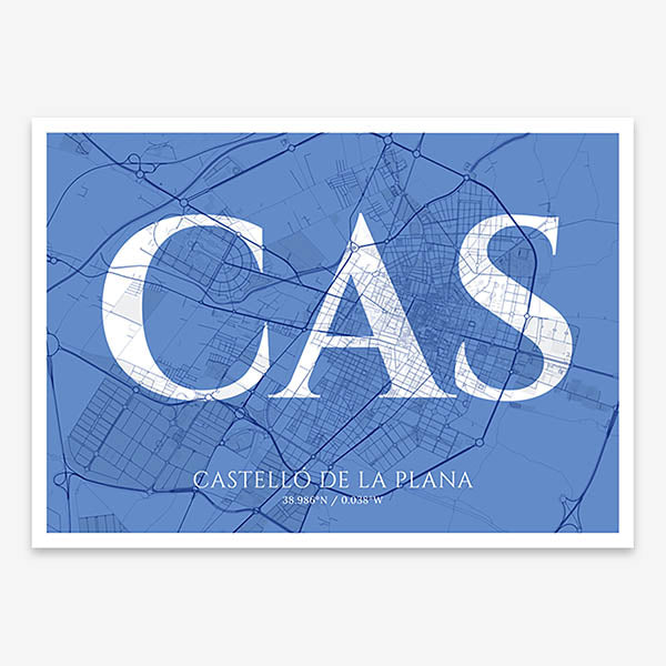 Decorative map of  composed with letters in serif font printed on navy blue and white
