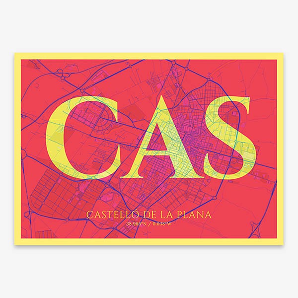 Decorative map of  composed with letters in serif font printed on yellow and fuchsia
