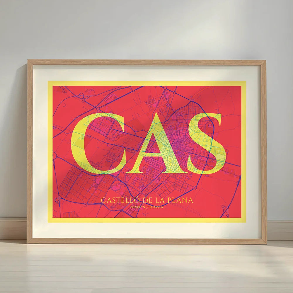 Framed Castellon in Classic design, inspired by chiseled typography with an elegant font that creates a beautiful visual contrast designed in yellow and fuchsia with a white margin border in a warm lit minimalist setting