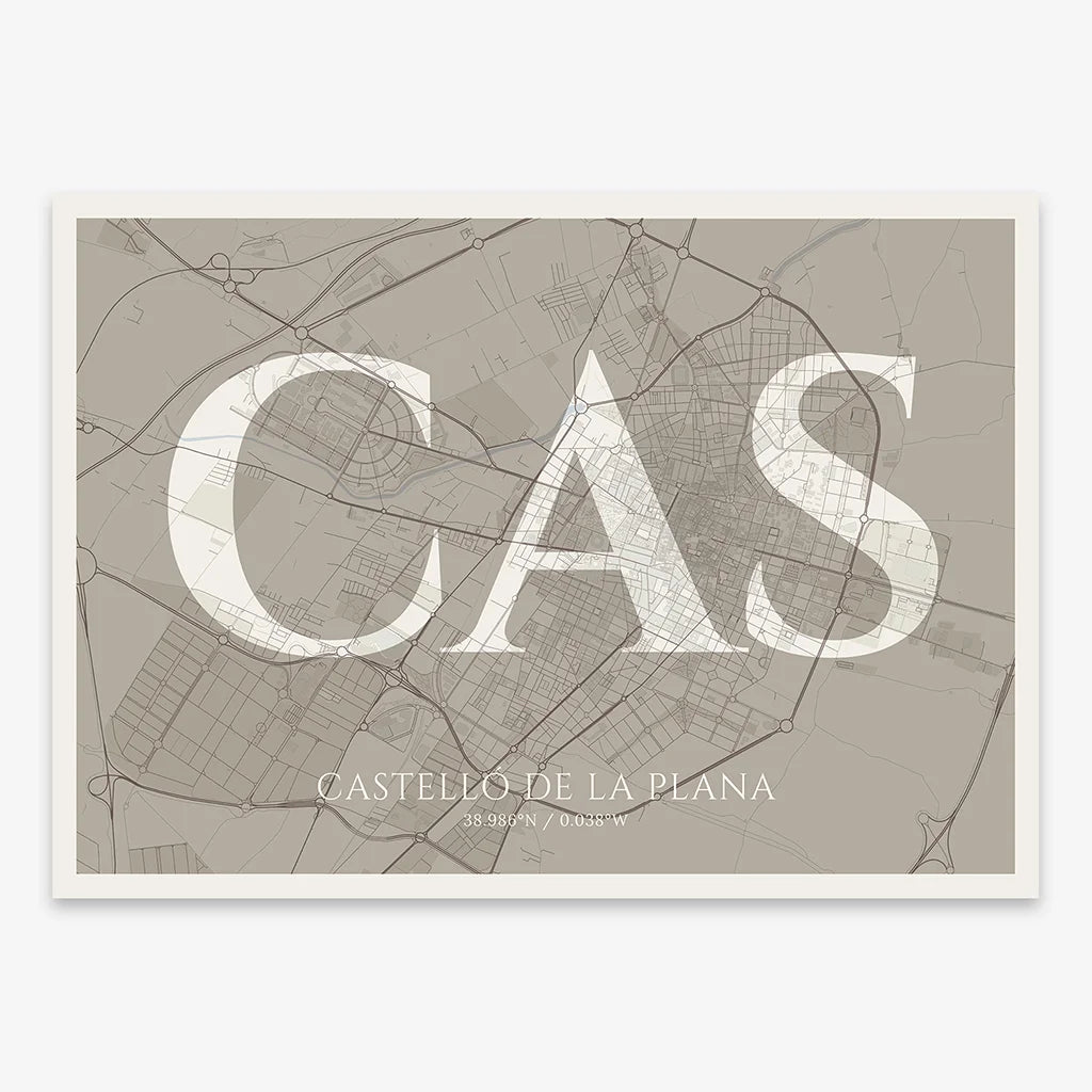 Decorative map of  composed with letters in serif font printed on light brown and an off-white background