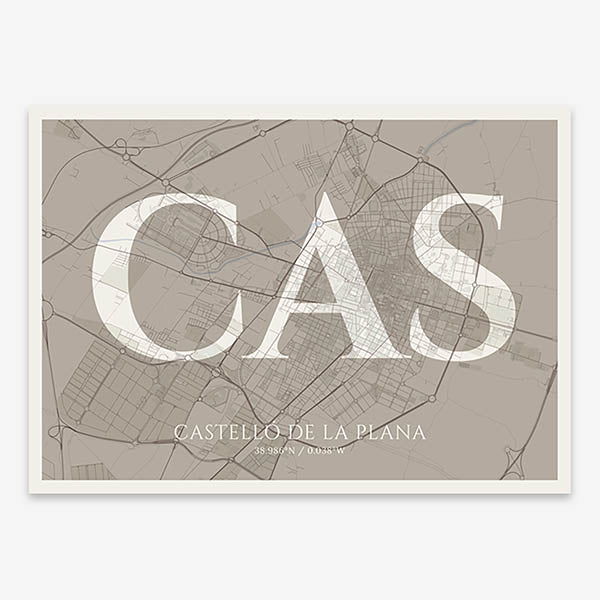 Decorative map of  composed with letters in serif font printed on light brown and an off-white background